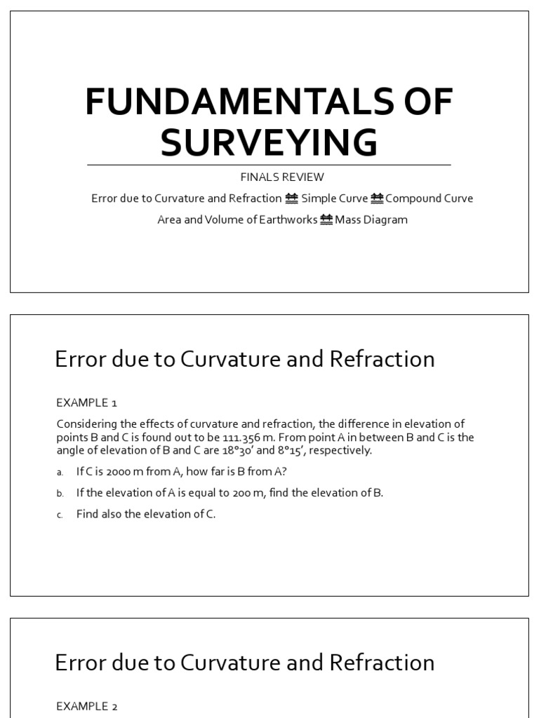 Surveying Fundamentals Review Guide | PDF | Curvature | Angle