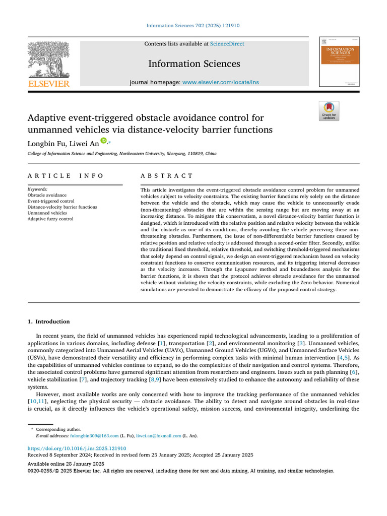 Adaptive Event Triggered Obstacle Avoidance Control For Unma - 2025 ...