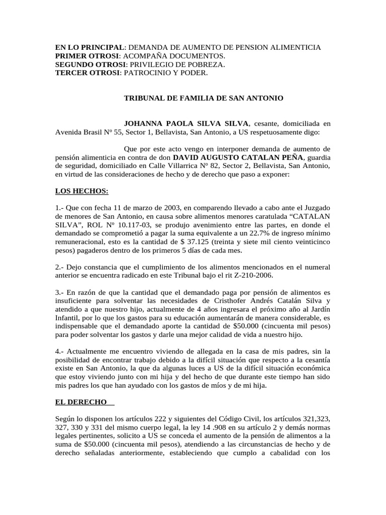 DEMANDA AUMENTO DE ALIMENTOS Johana Silva Silva | PDF | Pensión alimenticia