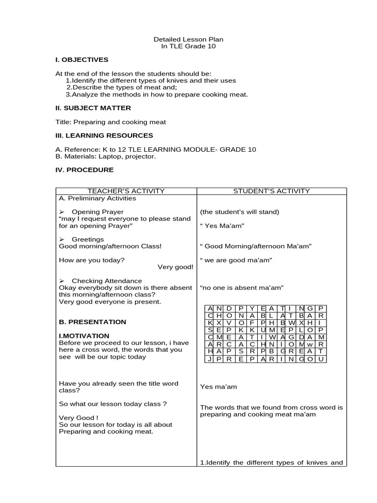 Detaild Lesson Plaan Cookery 10 | PDF | Lamb And Mutton | Beef