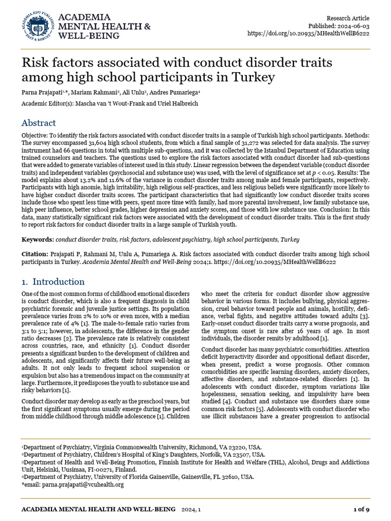 Risk Factors for Conduct Disorder in Turkey | PDF | Regression Analysis ...