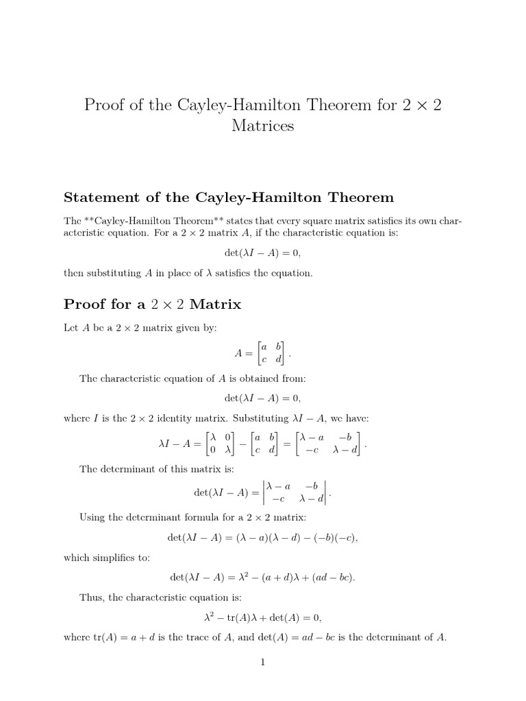 Cayley-Hamilton Theorem Proof for 2x2 Matrices | PDF | Mathematics ...