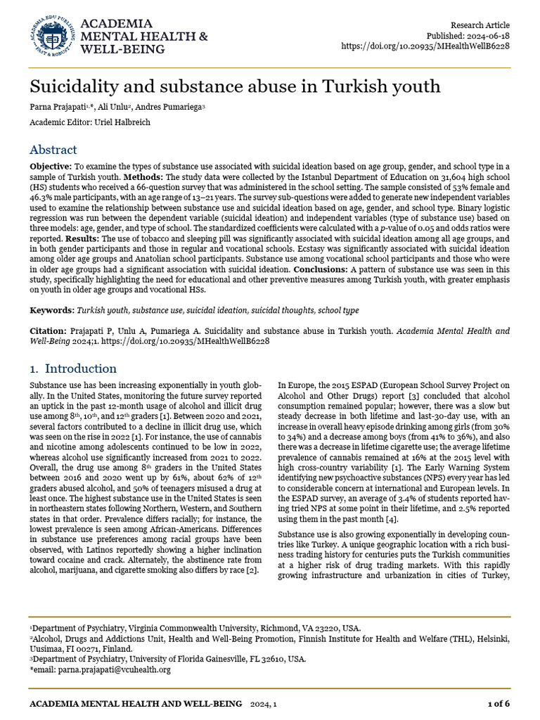 Suicidality and Substance Abuse in Turki | PDF | Substance Abuse | Suicide