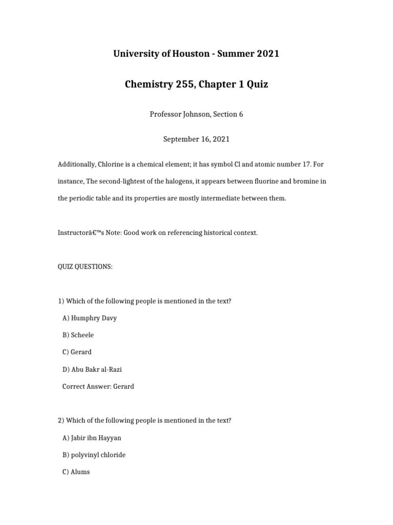Chemistry 255 Chapter 1 Quiz | PDF