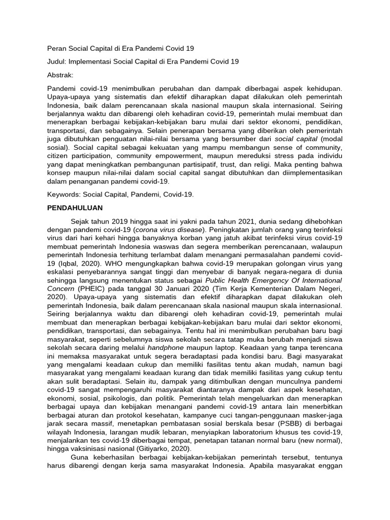 Peran Social Capital Di Era Pandemi Covid 19 | PDF