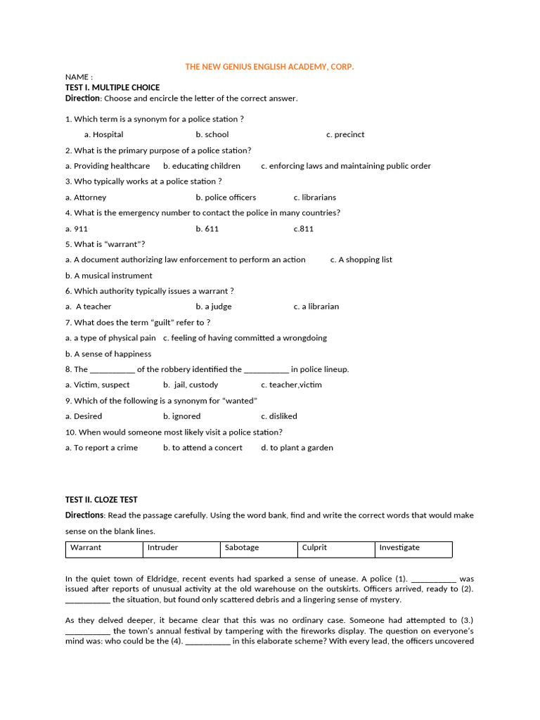 Police Station Vocabulary Test | PDF | Police | Arrest