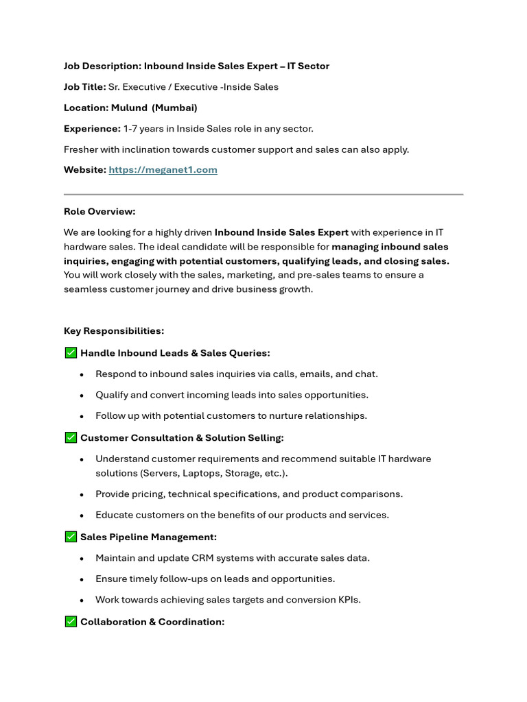 JD Inbound Inside Sales Executive Mumbai | PDF | Sales | Customer ...