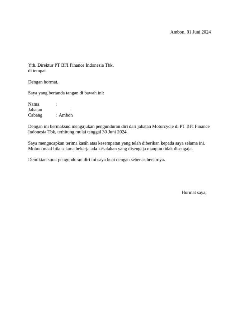 Surat Pengunduran Diri PT BFI Finance | PDF