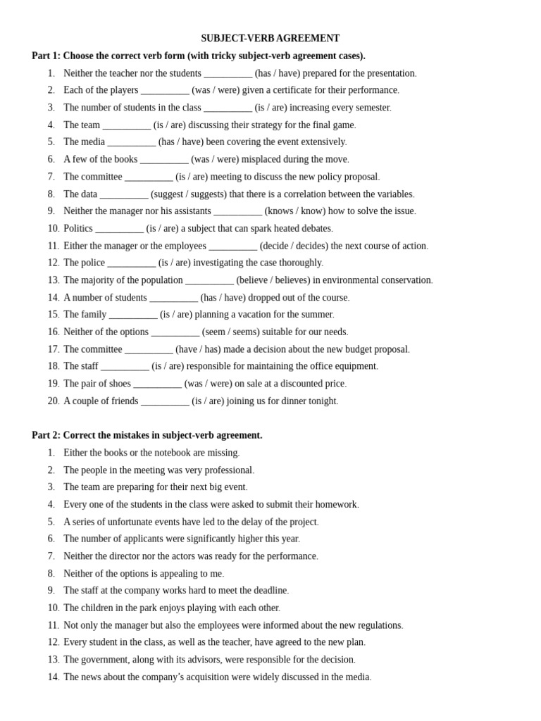 Subject-Verb Agreement Exercises Guide | PDF | Subject (Grammar) | Verb
