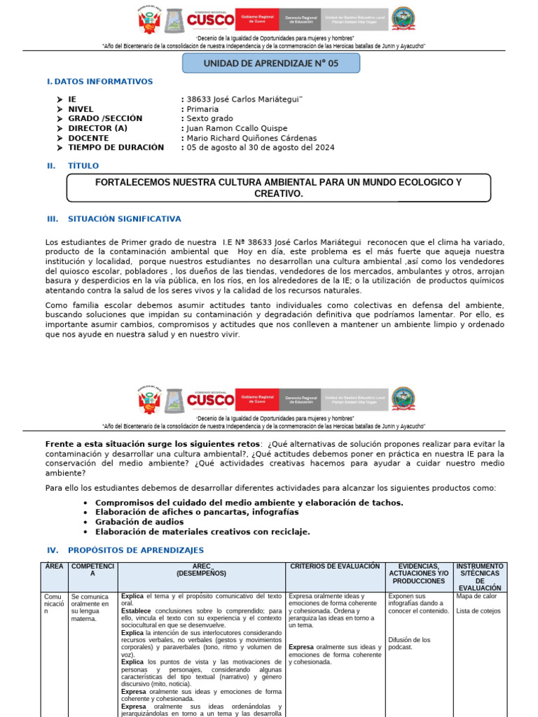 UNIDAD DE APRENDIZAJE Nº 05 | PDF | eucaristía | Residuos