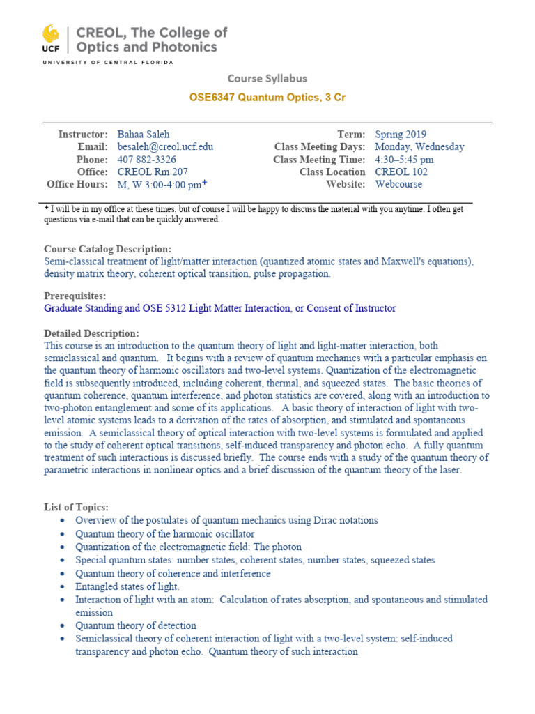 Quantum Optics Course Syllabus OSE6347 | PDF | Quantum Optics | Photon
