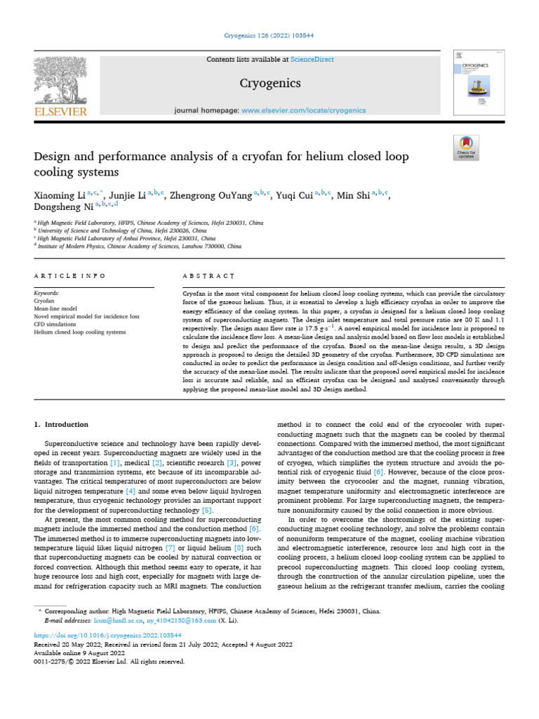 Design and performance analysis of a cryofan for helium closed loop ...