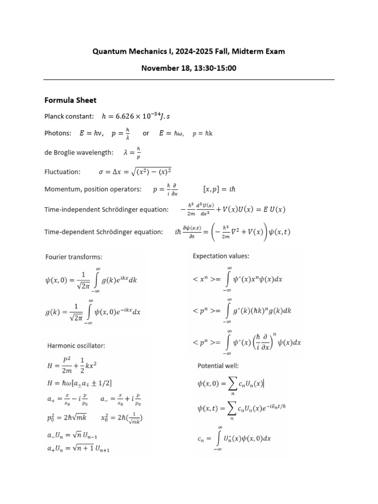 Quantum Mechanics Midterm Formula Sheet | PDF