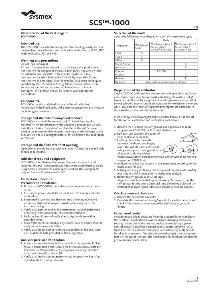 SCS-1000 Calibrator for Sysmex Analyzers | PDF | Calibration | Cytometry