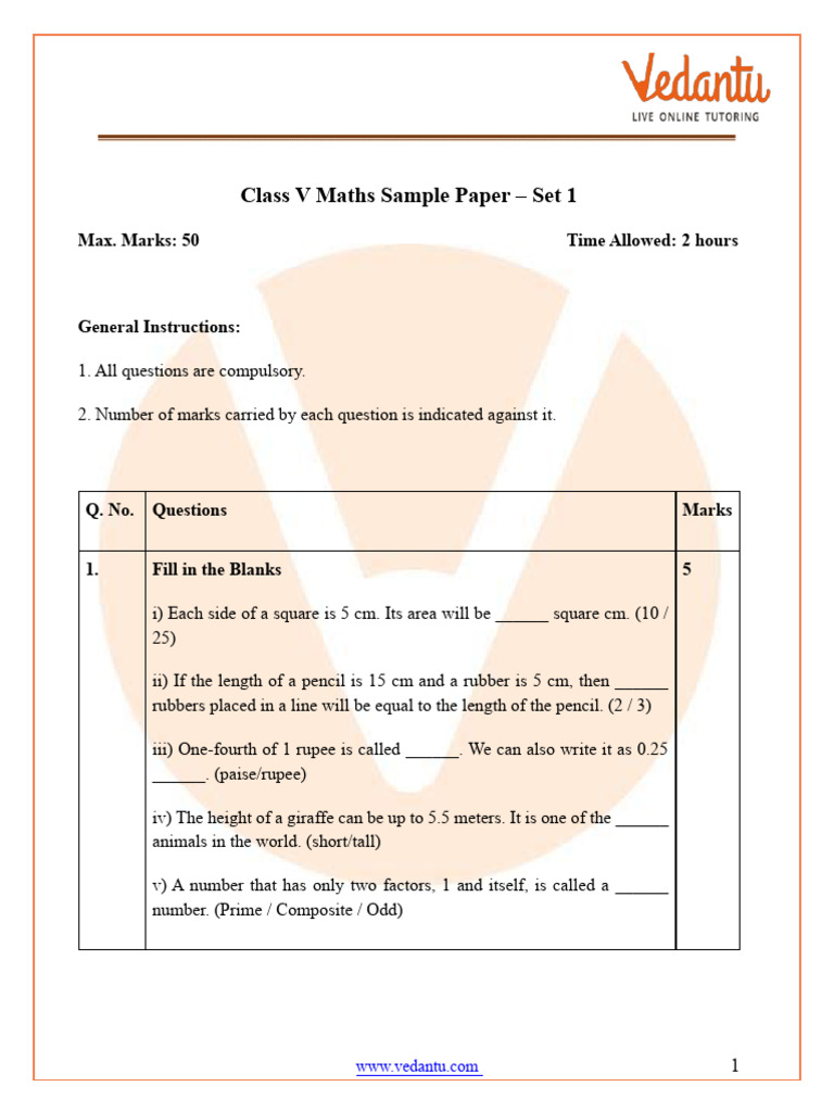 CBSE Class 5 Maths Sample Paper Set 1 With Solutions FREE PDF - 2024-25 ...