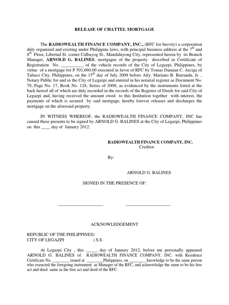 Release of Chattel Mortgage | PDF