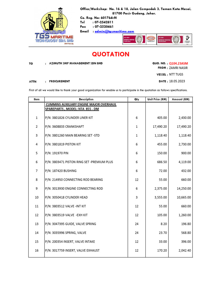 Q104.23asm - Aux Engine Spareparts (NTT Tugs) | PDF | Engines ...