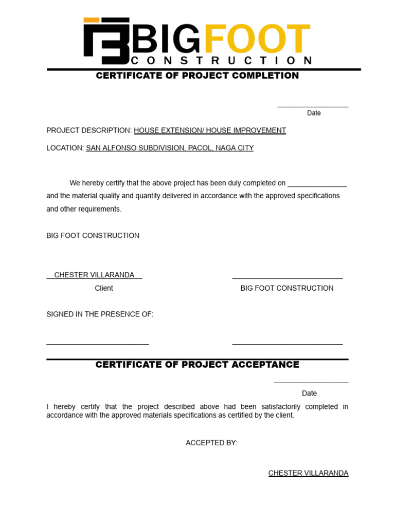 Project Completion Certificate: House Extension | PDF