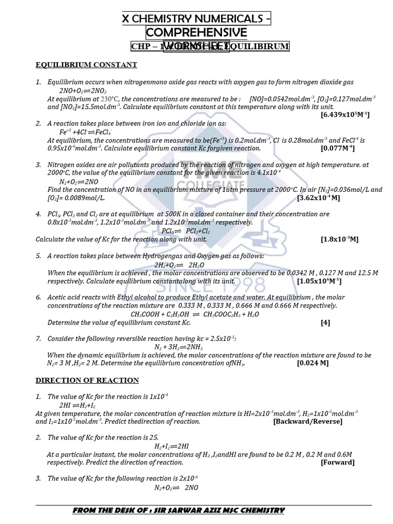 X Chem Numericals Worksheet | PDF | Chemical Equilibrium | Ph