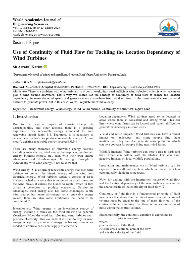 Use of Continuity of Fluid Flow For Tack | PDF | Wind Power | Wind Turbine