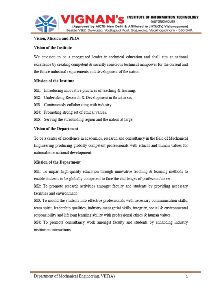 Vision and Mission of Mechanical Engineering | PDF | Learning