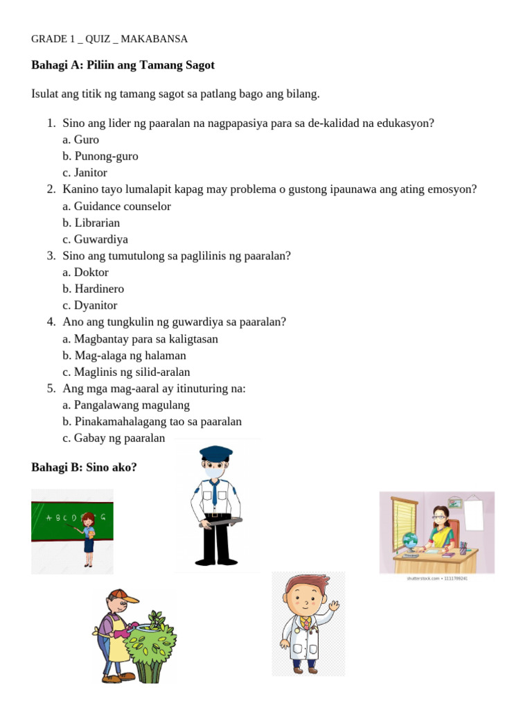 Grade 1 Quiz Makabansa Pdf