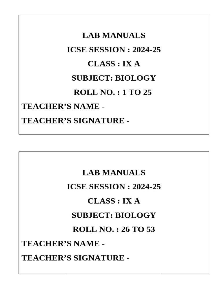 ICSE Class IX Biology Lab Manual 2024-25 | PDF