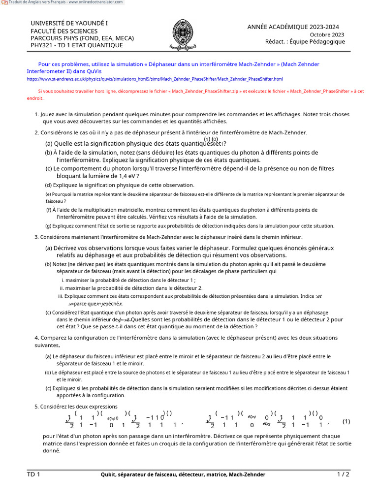 TD 1 : État quantique et interféromètre Mach-Zehnder | PDF | Physique ...