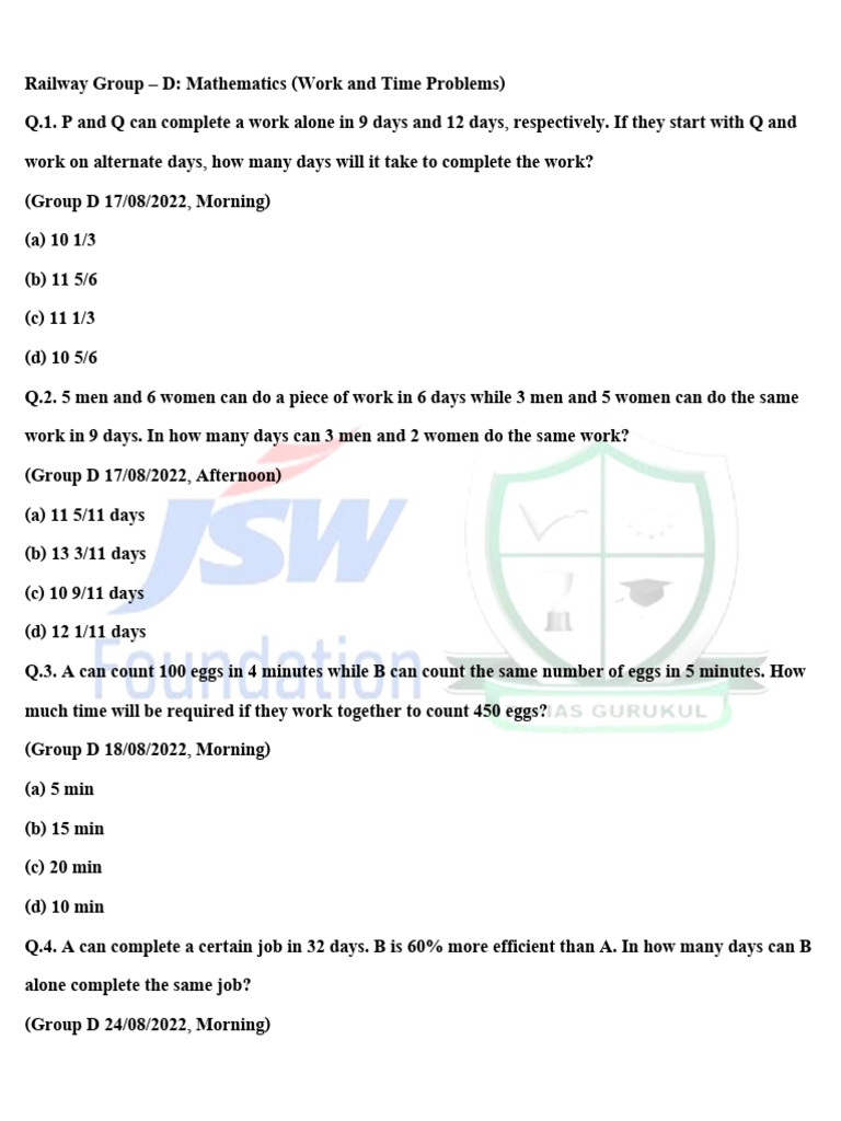 Railway Group D: Time and Work Problems | PDF