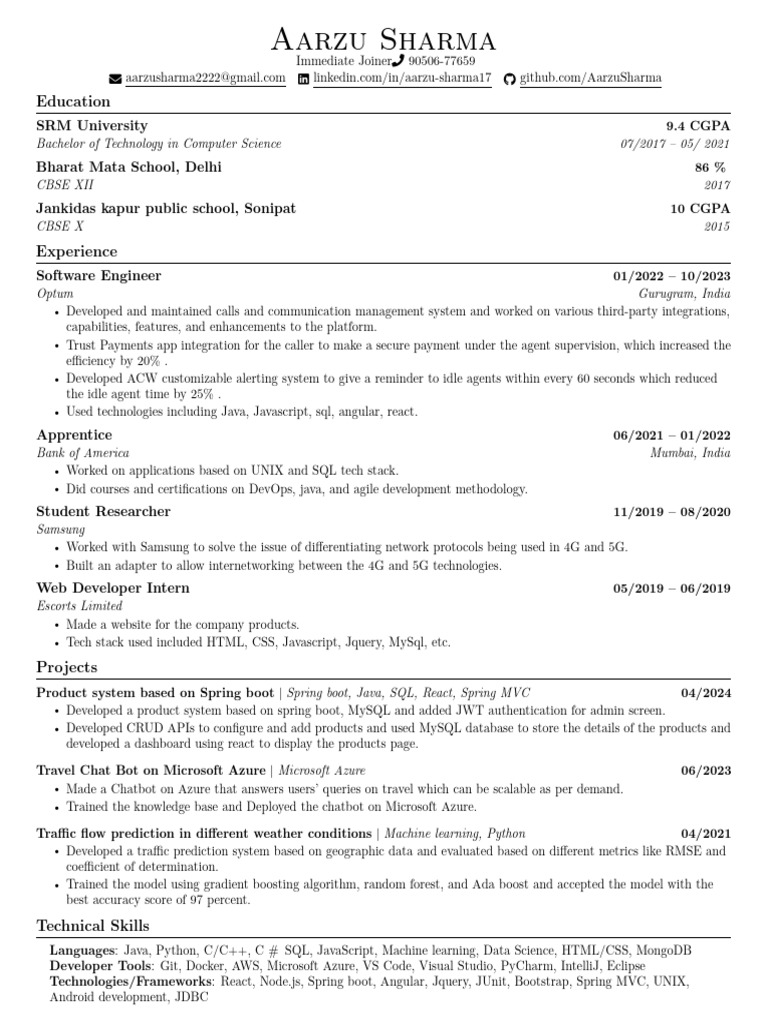 Aarzu Sharma - Software Engineer Resume | PDF | Microsoft Azure | Computing