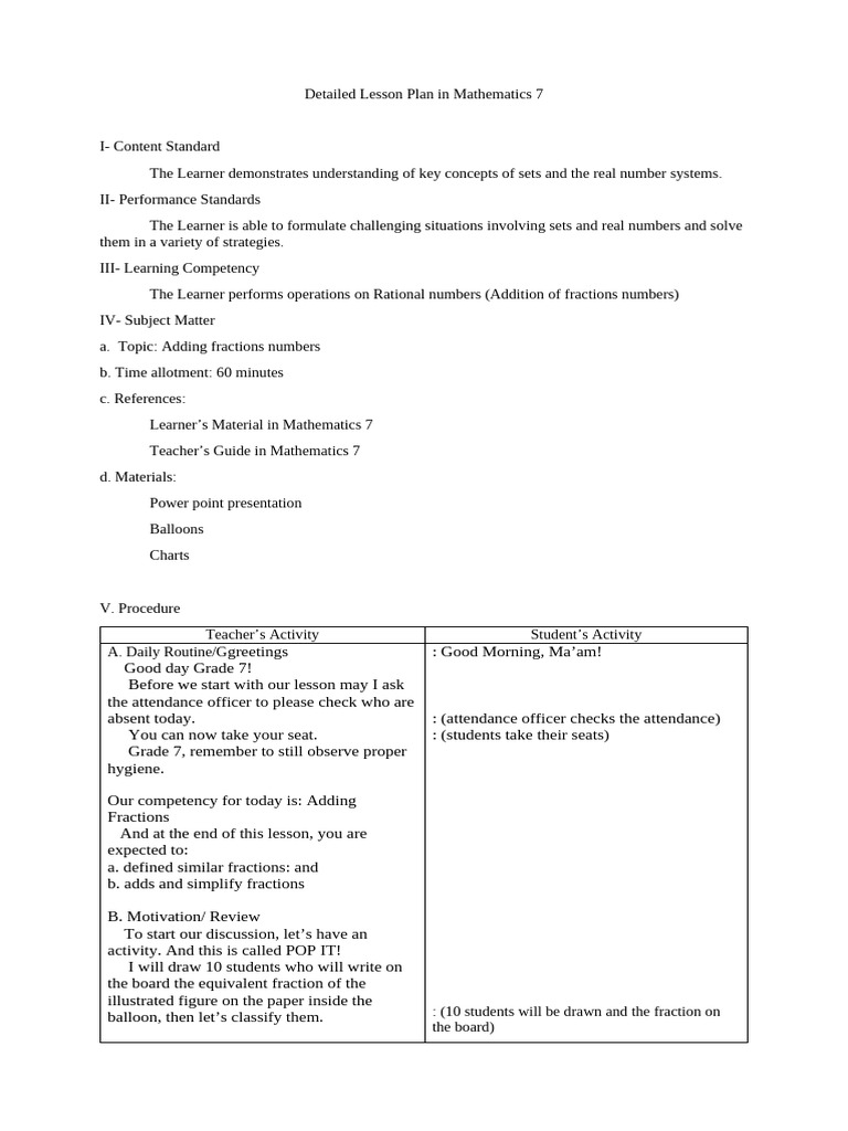 Adding Fractions Lesson Plan for Grade 7 | PDF | Cognition | Arithmetic