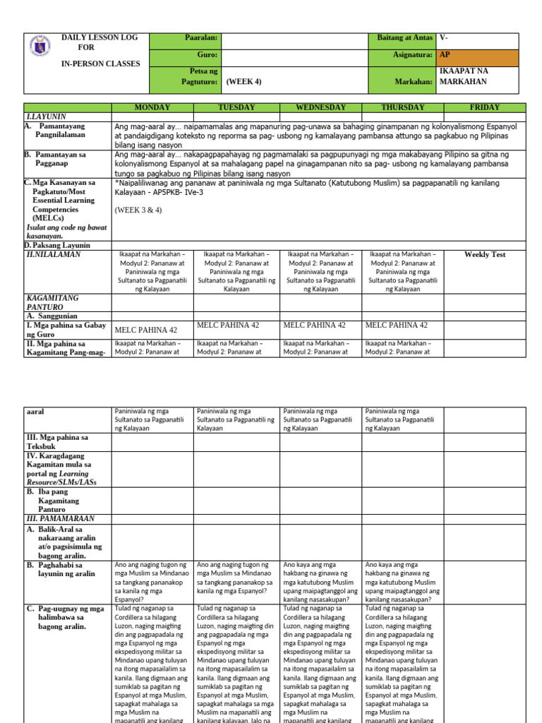 Ap 5 - DLL - Week 4 - Q4 | PDF