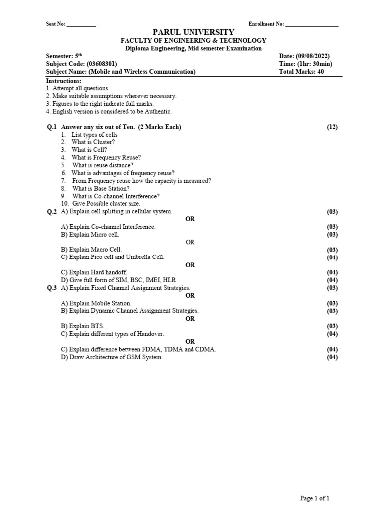 Mobile and Wireless Communication Exam | PDF | Cellular Network ...
