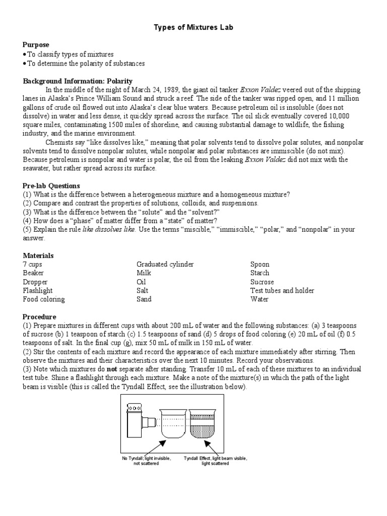 Types of Mixtures Lab PDF Solution Homogeneity And Heterogeneity