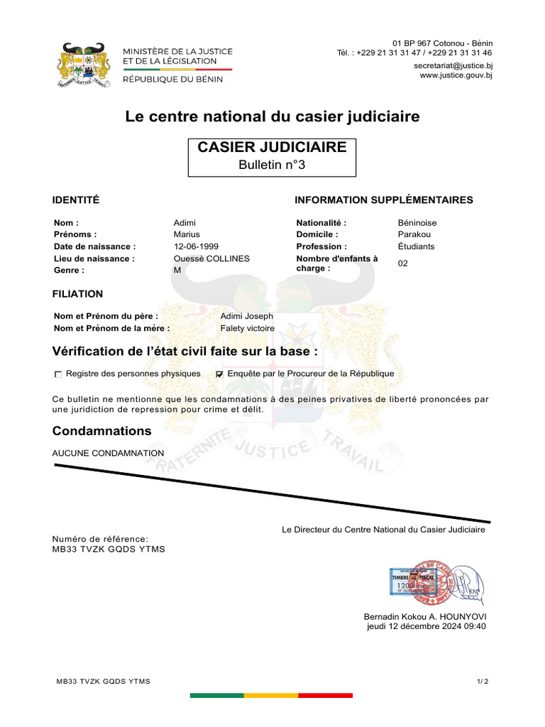 Bulletin n°3 du Casier Judiciaire Bénin | PDF | Justice | Crime et violence