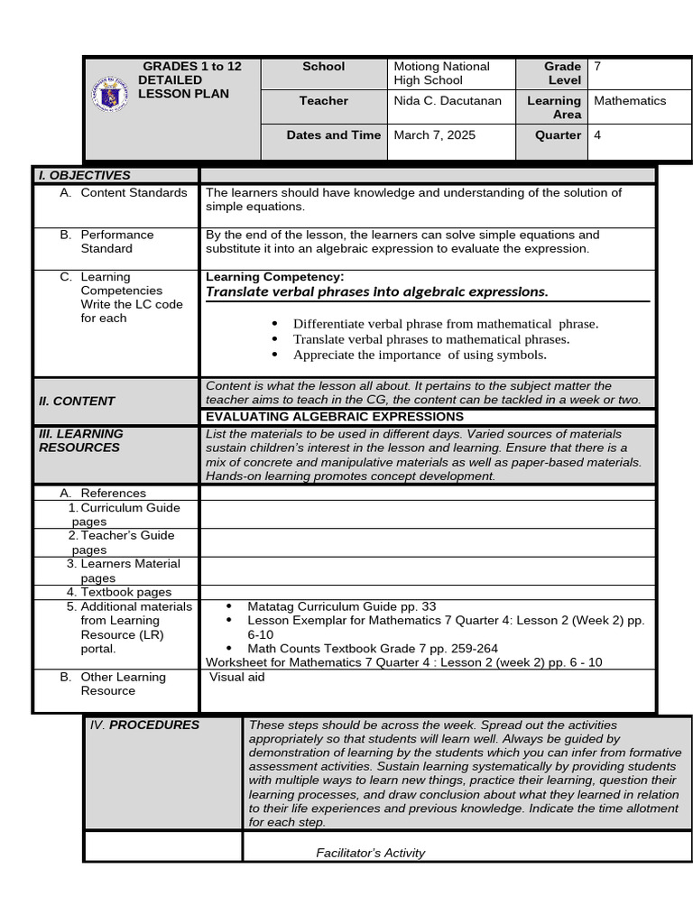 Grade 7 Algebra Lesson Plan | PDF | Mathematics | Algebra