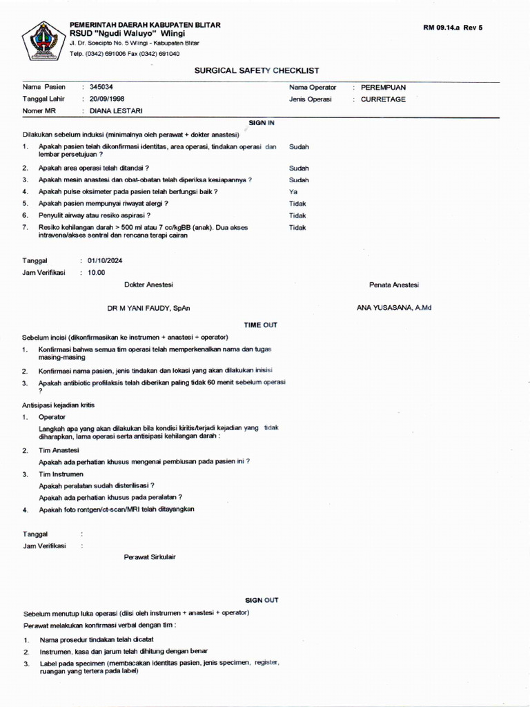 Surgical Safety Check List PDF | PDF