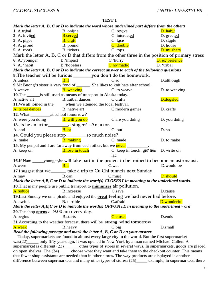 UNIT 6 - PRACTICE TEST | PDF | Supermarket