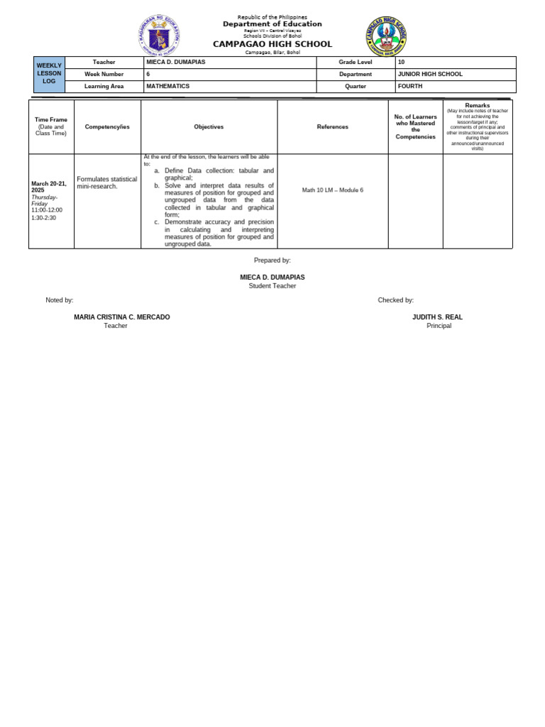 Grade 10 Weekly Math Lesson Log | PDF | Permutation | Mathematics