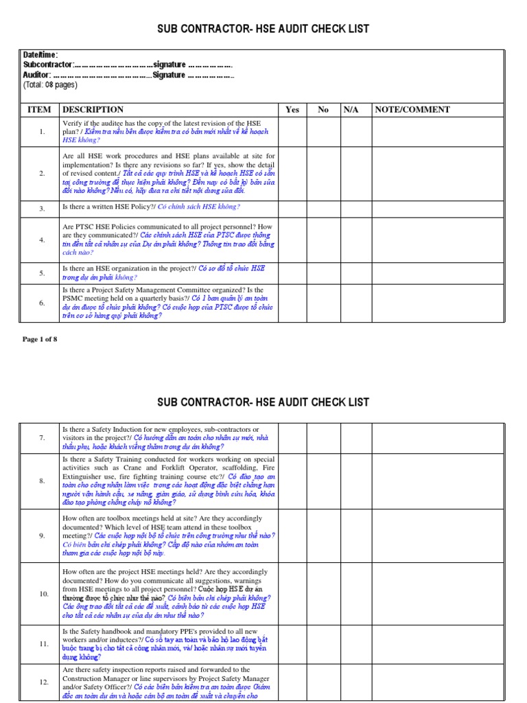 SubHSE Audit Check List