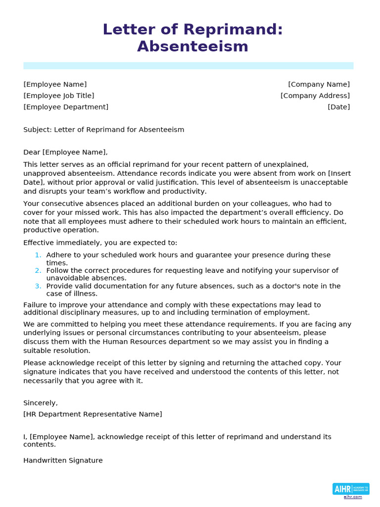 Reprimanding An Employee Letter Sample