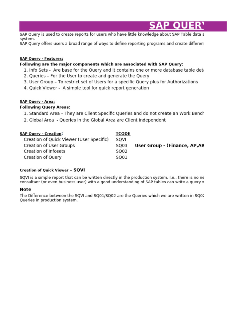 SAP Query: Features and Creation Guide | PDF