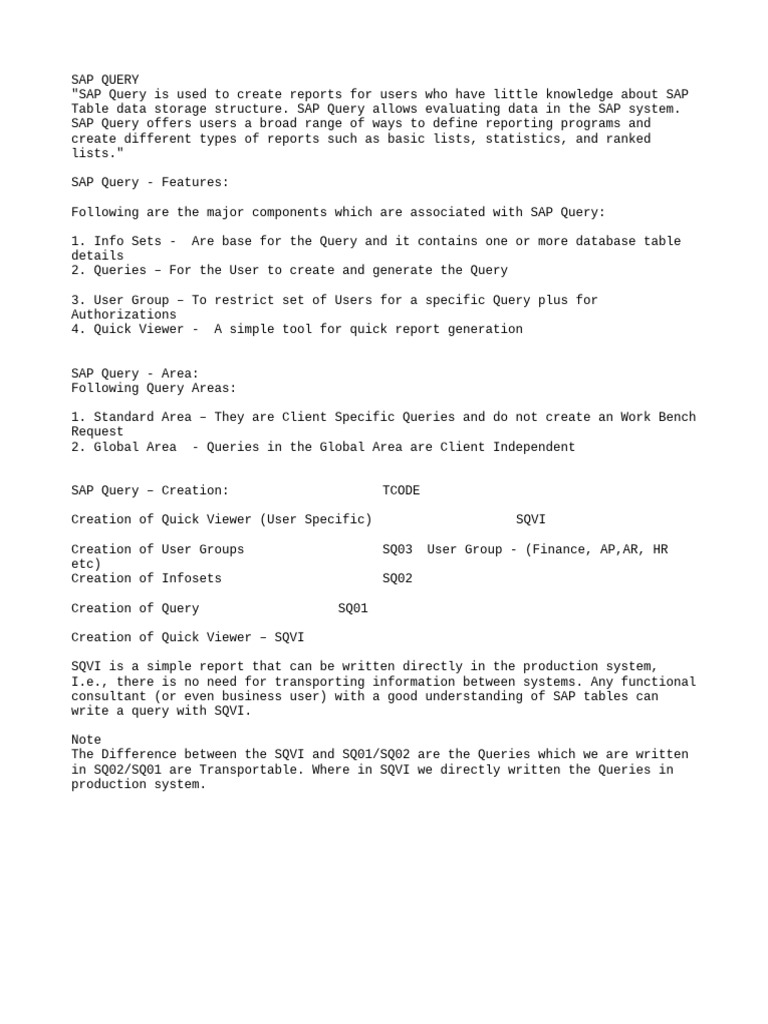 Understanding SAP Query Features and Creation | PDF