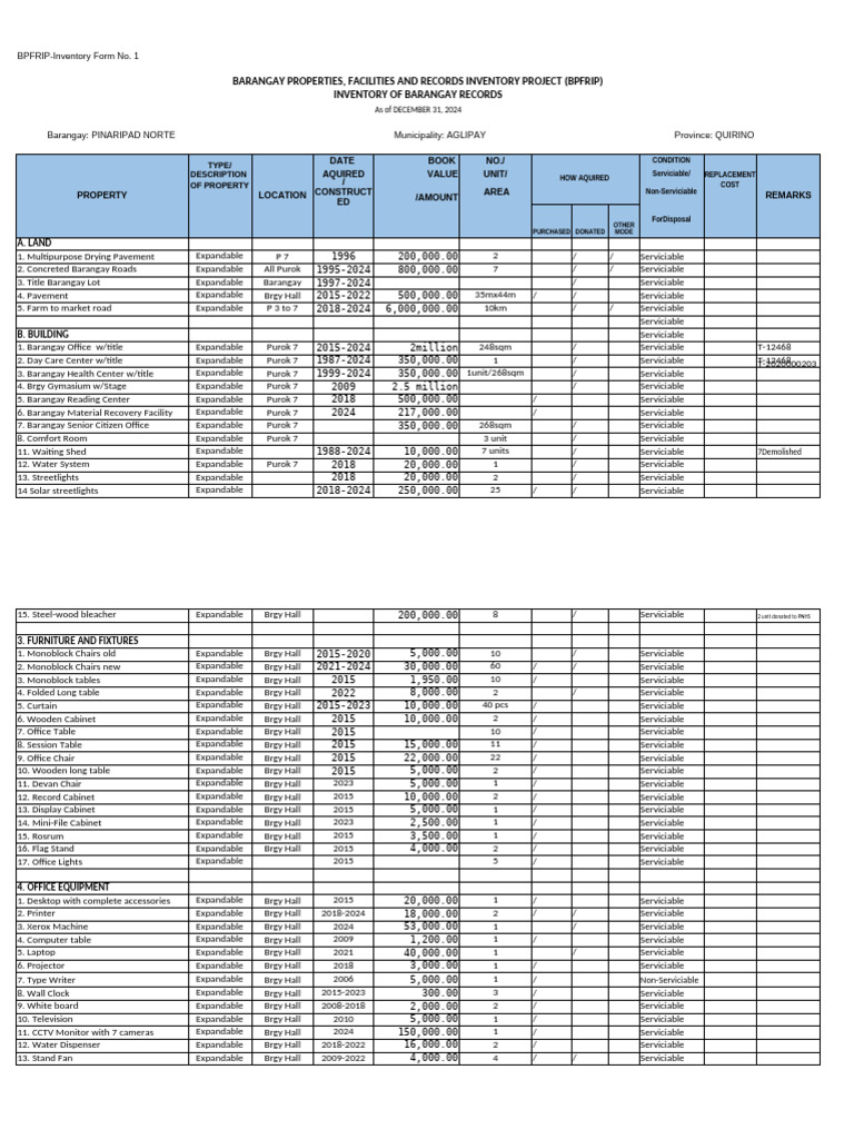 Barangay Inventory of Serviciable Assets | PDF | Tableware | Kitchen Stove