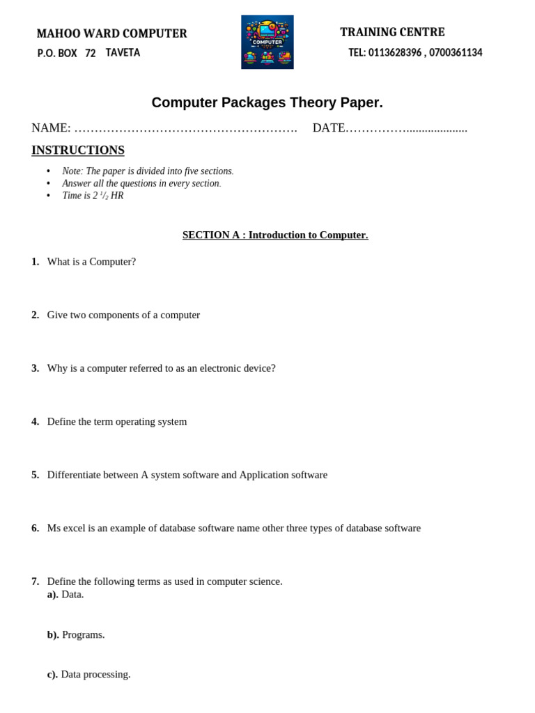 Computer Packages Theory Exam Guide | PDF