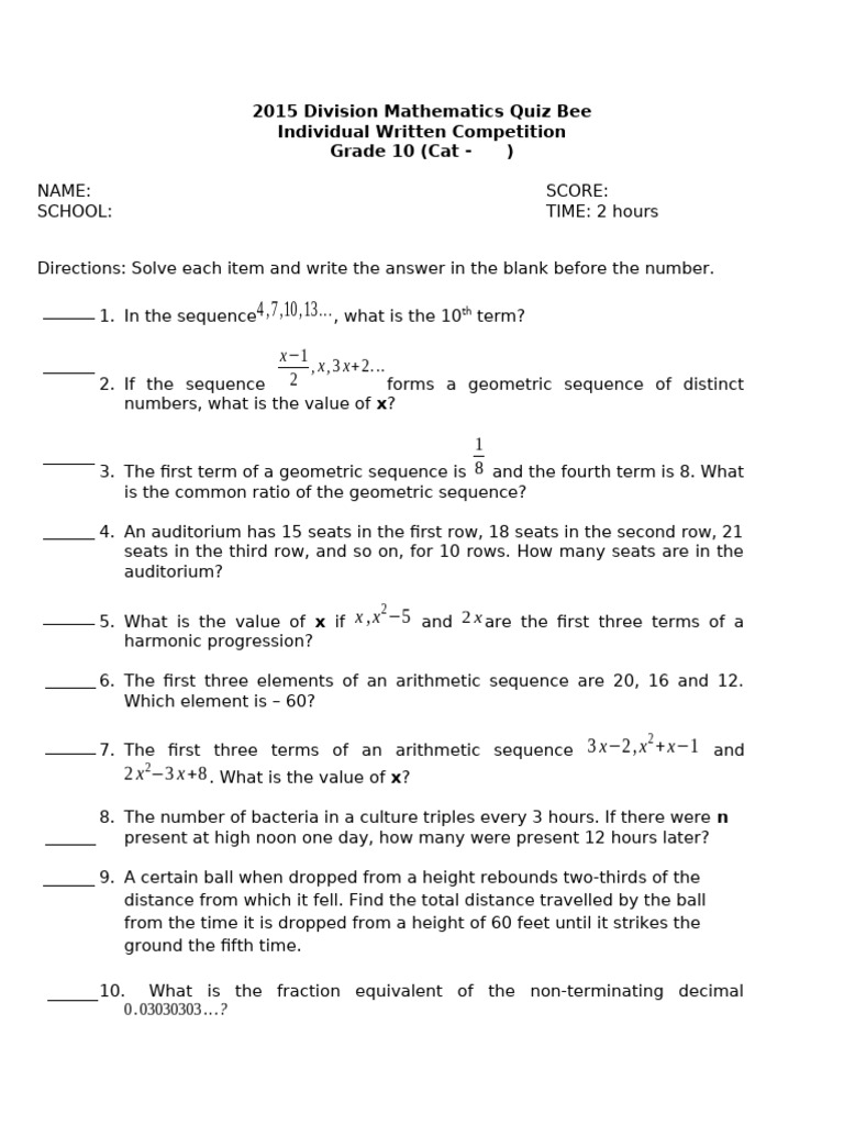 Grade 10 Math Quiz Bee Questions | PDF | Circle | Polynomial