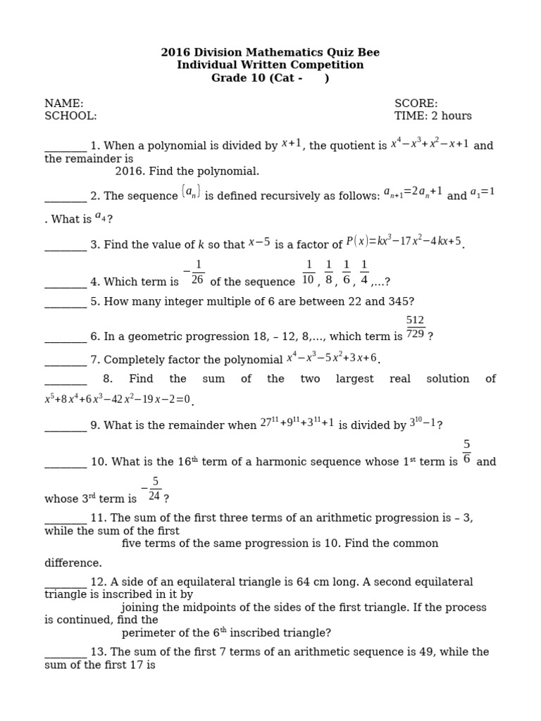 2016 Grade 10 Math Quiz Bee Questions | PDF | Circle | Radius