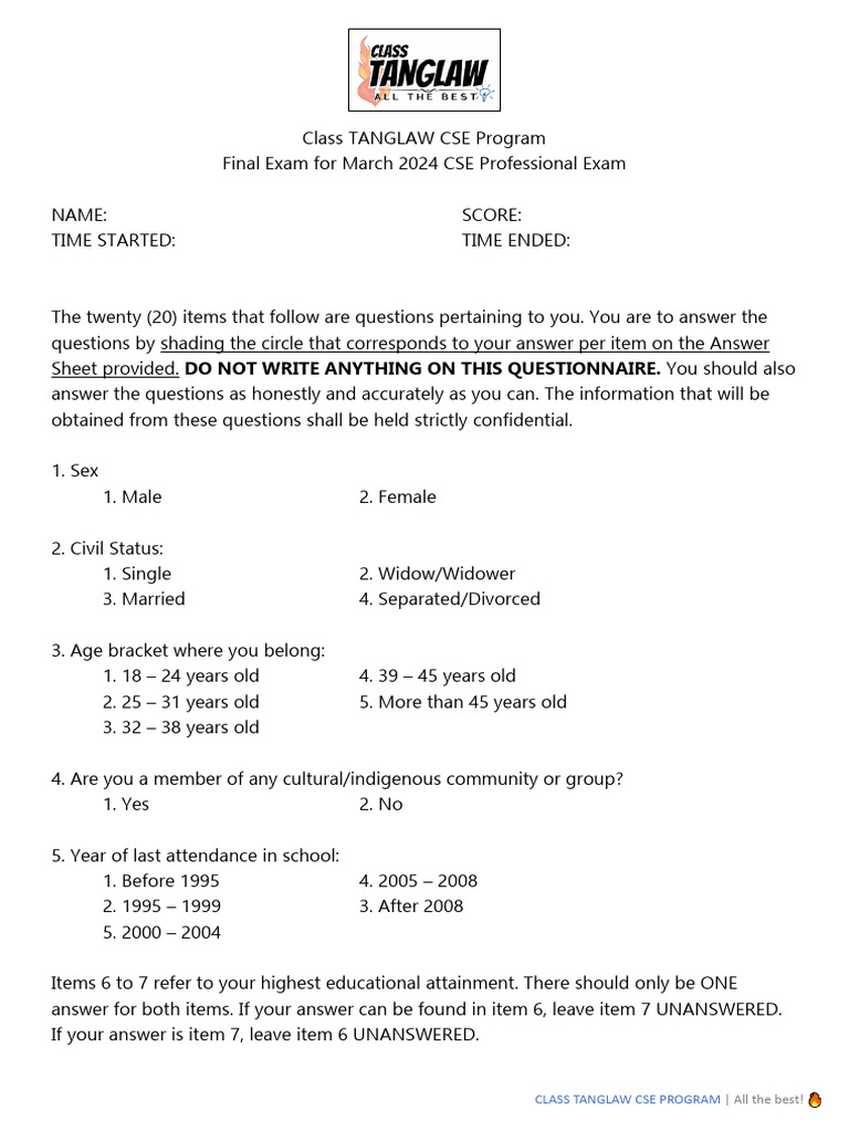 CSE Professional Exam Questionnaire | PDF | Geometry | Academic Degree