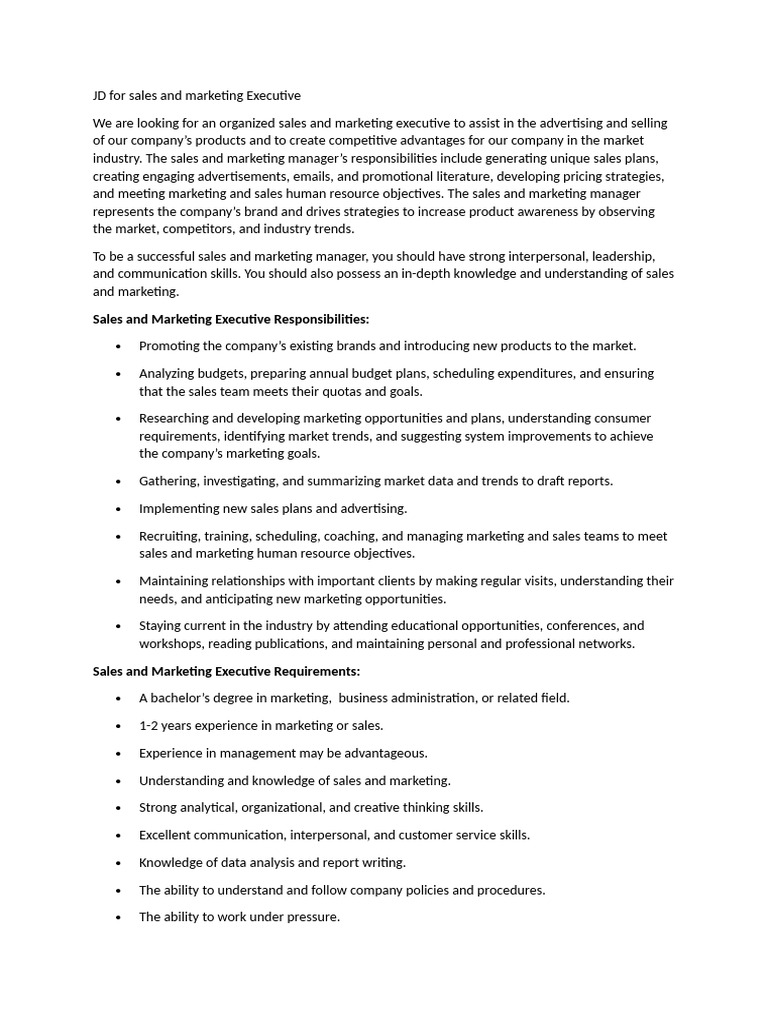 Sales and Marketing Executive JD | PDF | Marketing | Sales