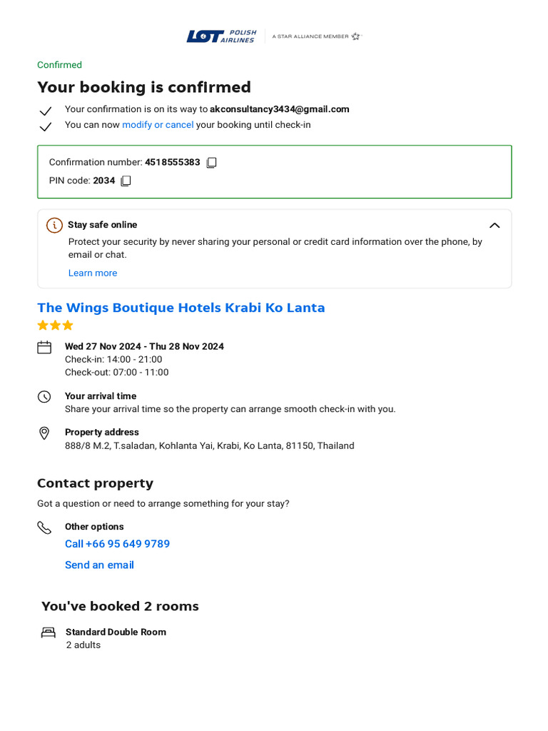 Booking Confirmation for The Wings Boutique Hotel | PDF